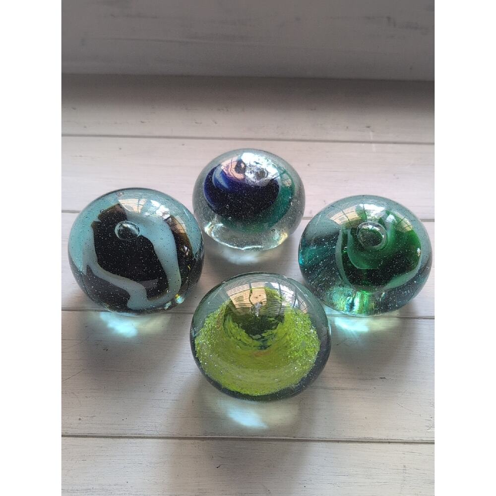 Vintage Art Glass Paperweight Set - Green, Cobalt Blue, Black/White Decorative